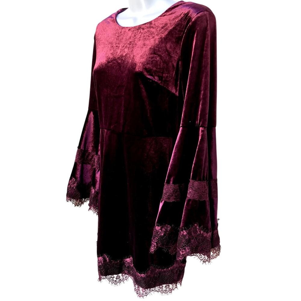 Aqua Burgundy Velvet Sheath Dress with Bell Sleeves and Lace Trim size S - Picture 8 of 9